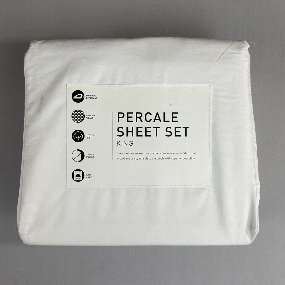 AQ Textiles Percale Solid 4-Pc. Sheet Set, King, White New In Original Package